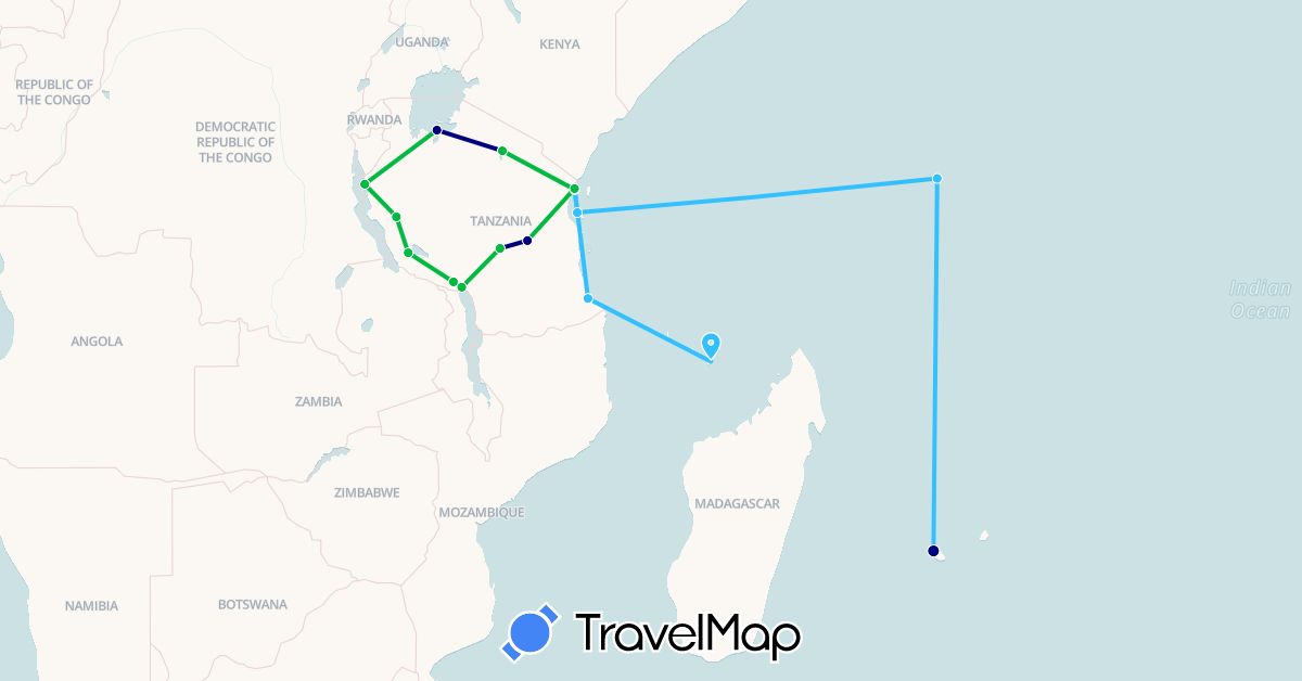 TravelMap itinerary: driving, bus, boat in France, Seychelles, Tanzania (Africa, Europe)
